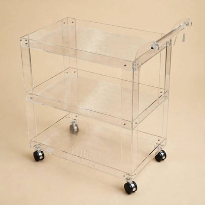 3-Tier Transparent Clear Acrylic Serving Trolley with Ribbed Shelves and Silver Hardware