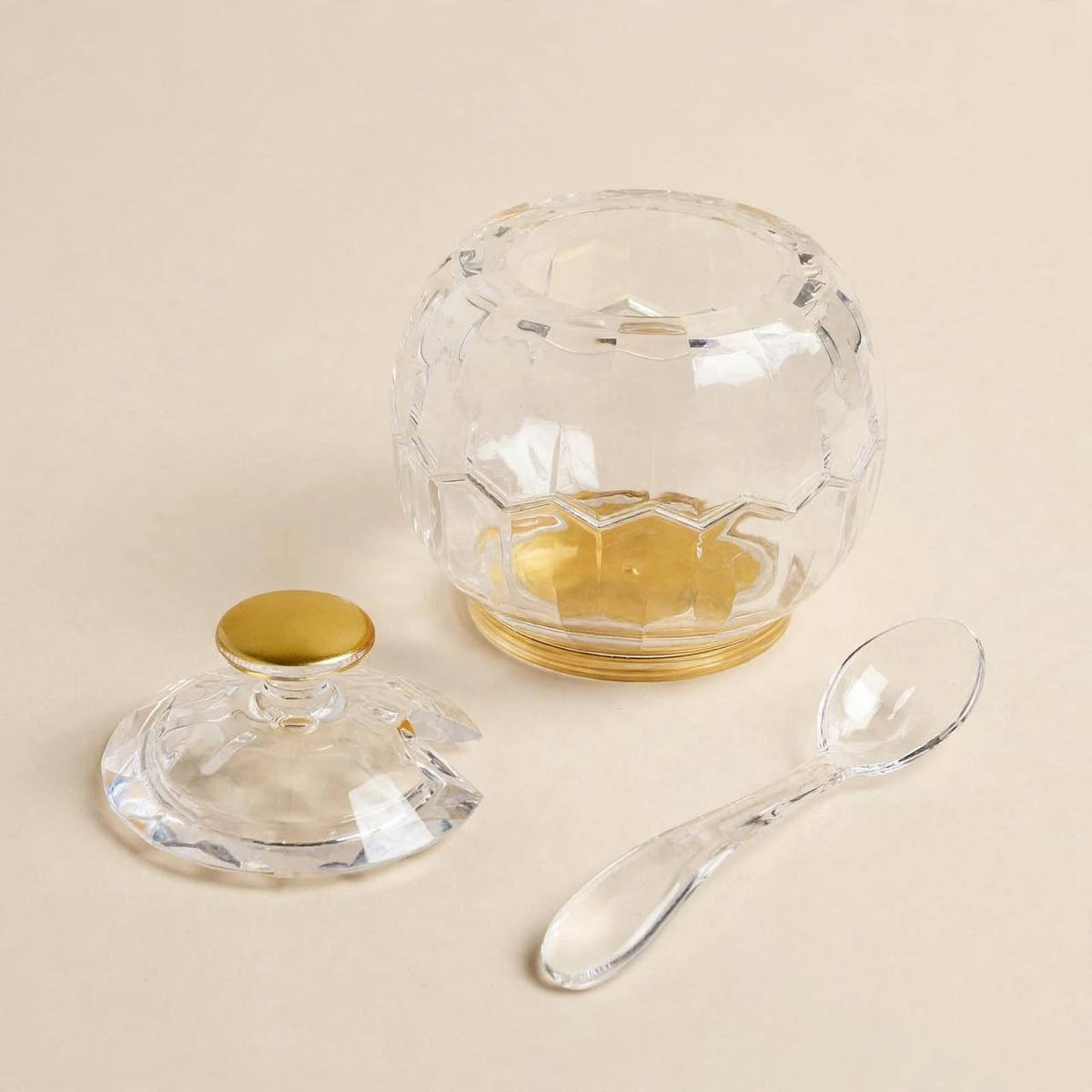 Faceted Crystal-Look Acrylic Globe Sugar Pot with Gold Base & Spoon – 11x8cm