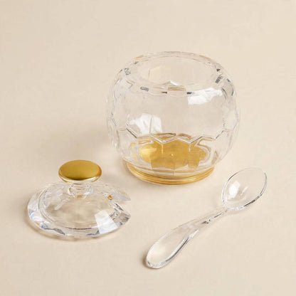 Faceted Crystal-Look Acrylic Globe Sugar Pot with Gold Base & Spoon – 11x8cm