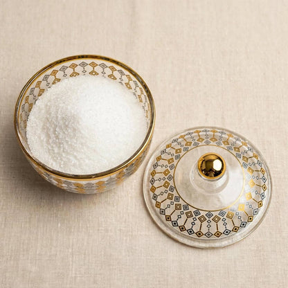 Gold & Silver Geometric Patterned Glass Sugar Bowl with Lid – 10x9cm
