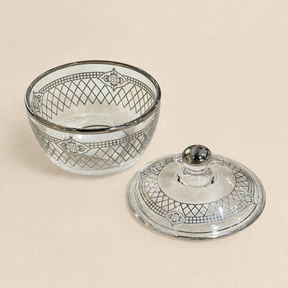 Royal Silver Filigree Patterned Glass Sugar Bowl with Lid – 10x9cm