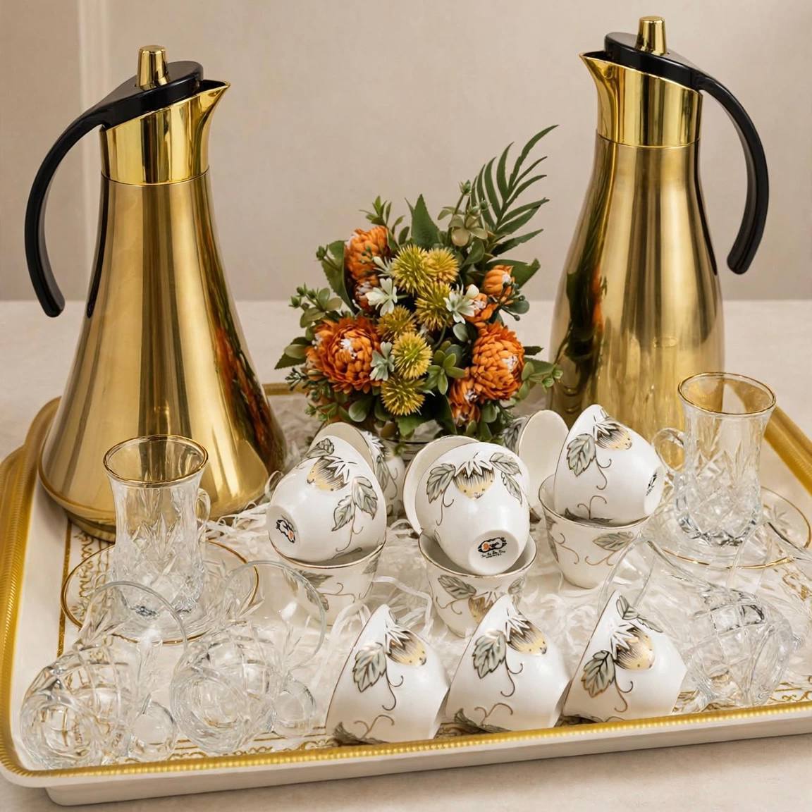 Polished Gold Thermal Tea & Coffee Hospitality Set with Botanical Cawa Cups, Serving Tray & Floral Accent
