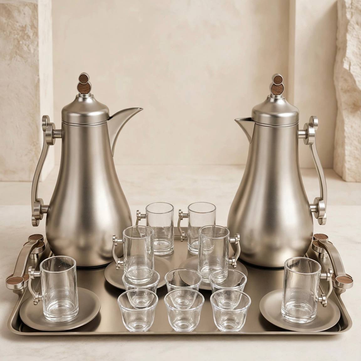 Mahra Matte Silver & Wood Tea & Coffee Hospitality Set – 1.0L & 1.0L Thermal Carafes with 6 Handled Tea Glasses, Matte Saucers, Cawa Cups & Serving Tray