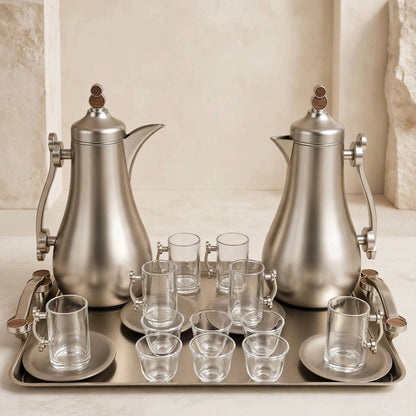 Modern Matte Silver & Wood Tea & Coffee Hospitality Set – 1.0L & 1.0L Thermal Carafes with 6 Handled Tea Glasses, Matte Saucers, Cawa Cups & Serving Tray