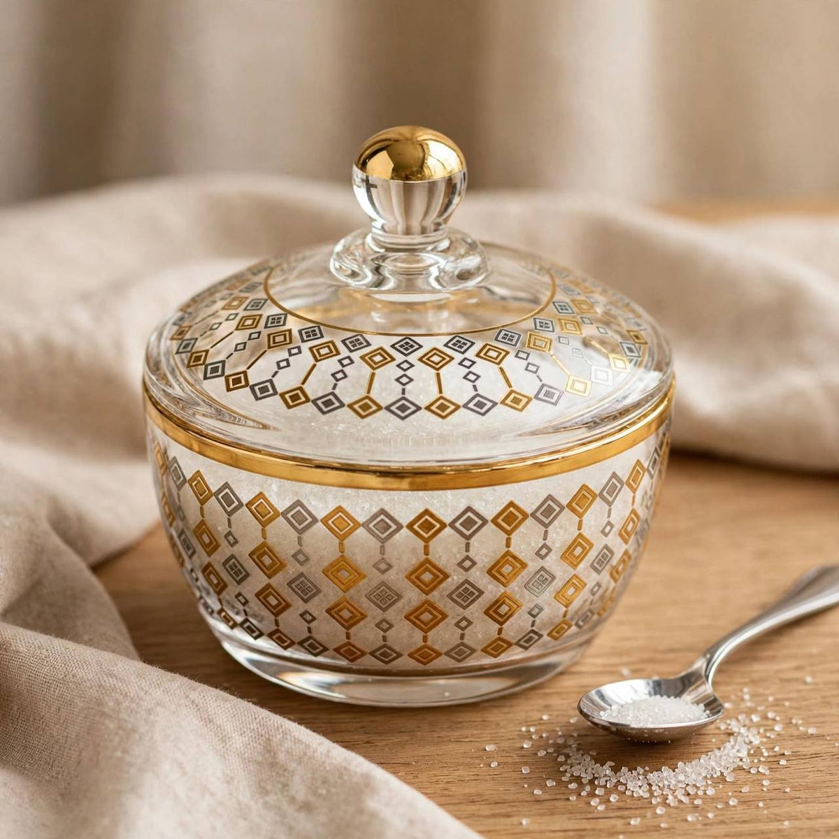 Gold & Silver Geometric Patterned Glass Sugar Bowl with Lid – 10x9cm