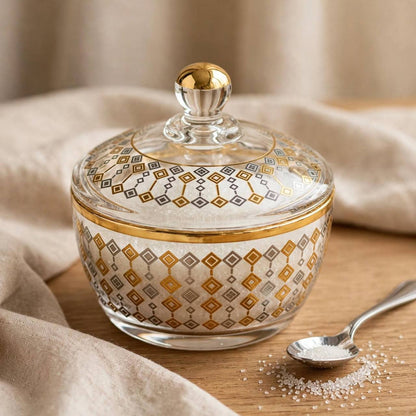 Gold & Silver Geometric Patterned Glass Sugar Bowl with Lid – 10x9cm