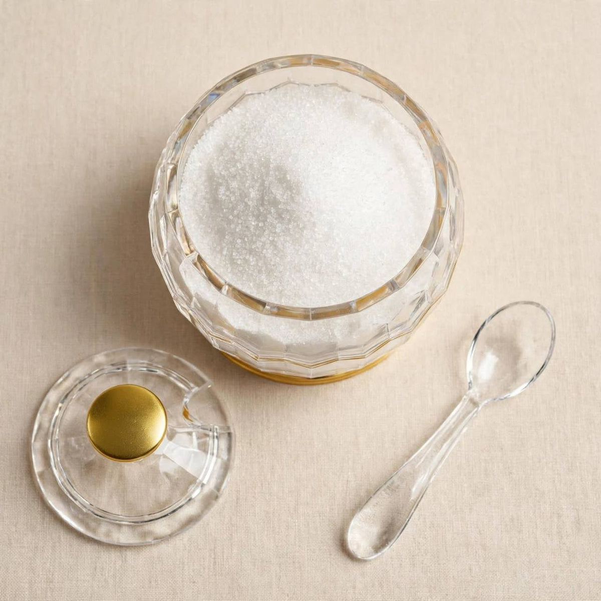 Faceted Crystal-Look Acrylic Globe Sugar Pot with Gold Base & Spoon – 11x8cm
