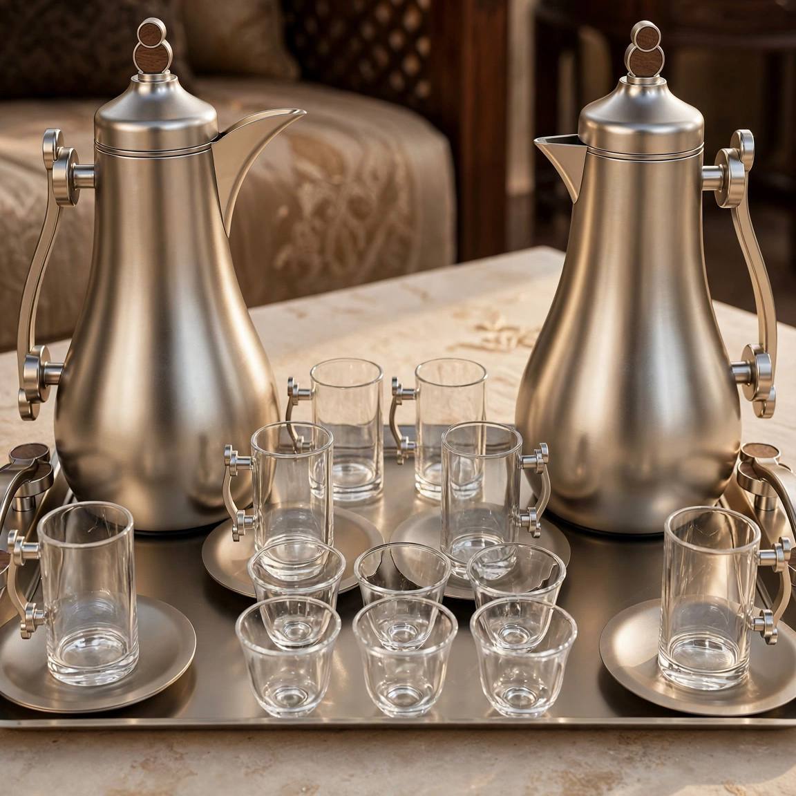 Modern Matte Silver & Wood Tea & Coffee Hospitality Set – 1.0L & 1.0L Thermal Carafes with 6 Handled Tea Glasses, Matte Saucers, Cawa Cups & Serving Tray