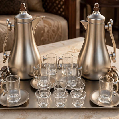 Modern Matte Silver & Wood Tea & Coffee Hospitality Set – 1.0L & 1.0L Thermal Carafes with 6 Handled Tea Glasses, Matte Saucers, Cawa Cups & Serving Tray