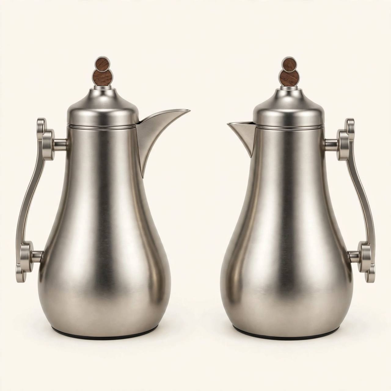 Mahra Matte Silver & Wood Tea & Coffee Hospitality Set – 1.0L & 1.0L Thermal Carafes with 6 Handled Tea Glasses, Matte Saucers, Cawa Cups & Serving Tray