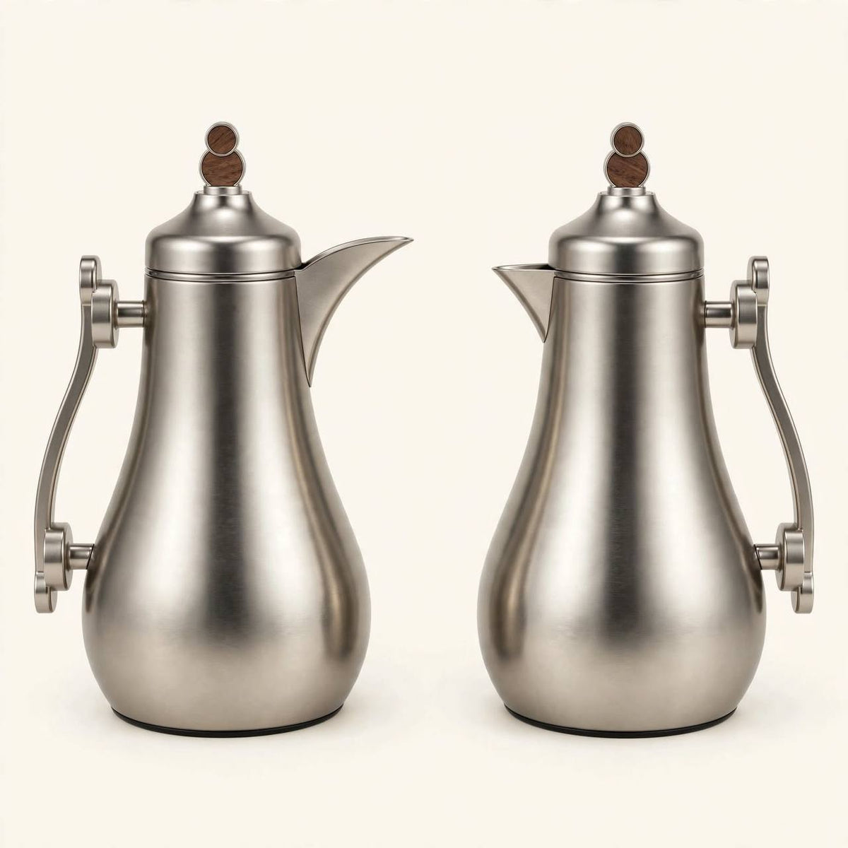 Modern Matte Silver & Wood Tea & Coffee Hospitality Set – 1.0L & 1.0L Thermal Carafes with 6 Handled Tea Glasses, Matte Saucers, Cawa Cups & Serving Tray