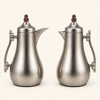 Modern Matte Silver & Wood Tea & Coffee Hospitality Set – 1.0L & 1.0L Thermal Carafes with 6 Handled Tea Glasses, Matte Saucers, Cawa Cups & Serving Tray