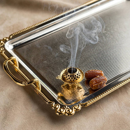 Royal Fluted Stainless Steel Serving Tray with Gilded Baroque Rim & Handles – 55 × 32 cm