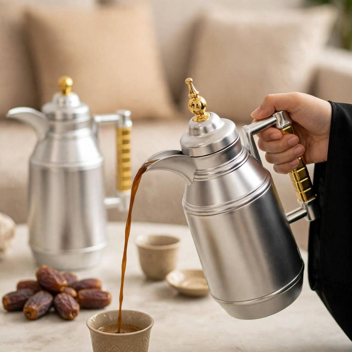 Mahra Matt Silver & Gold 2-Piece Thermal Coffee & Tea Dallah Set