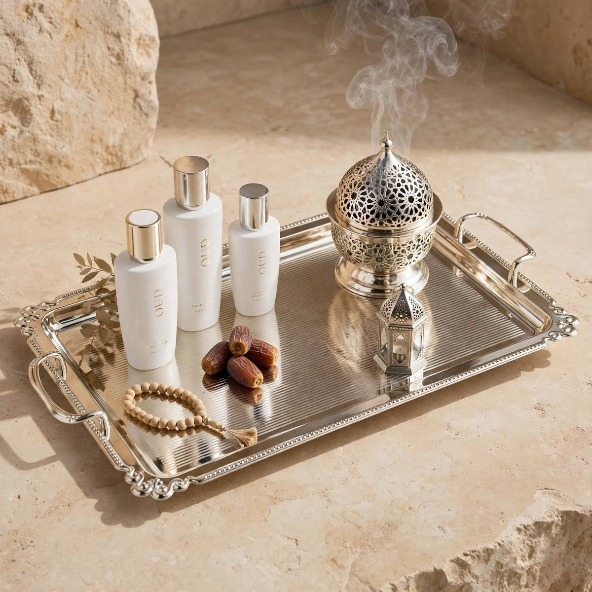 Royal Fluted Stainless Steel Serving Platter with Baroque Border & Classic Handles – 50 × 30 cm