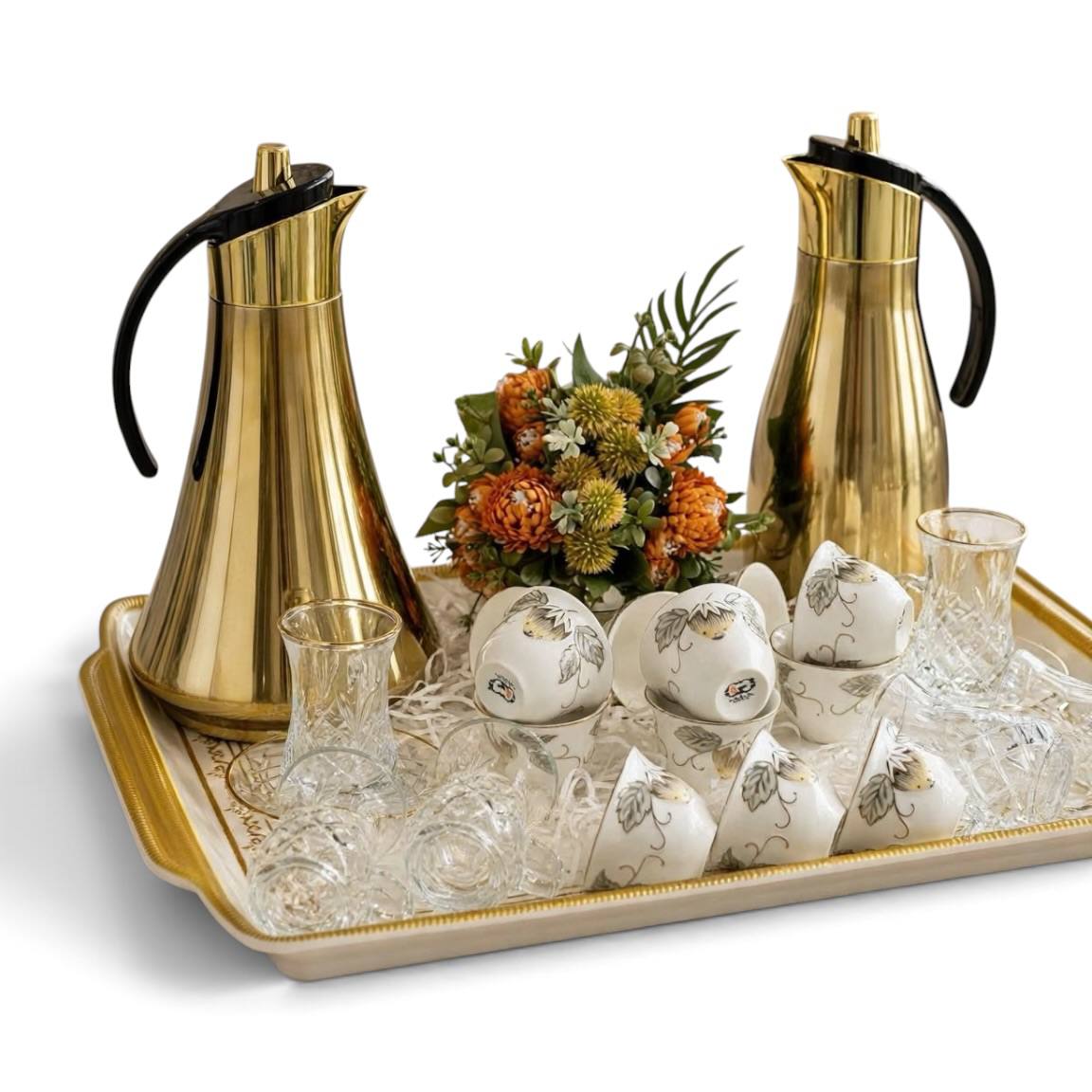 Polished Gold Thermal Tea & Coffee Hospitality Set with Botanical Cawa Cups, Serving Tray & Floral Accent
