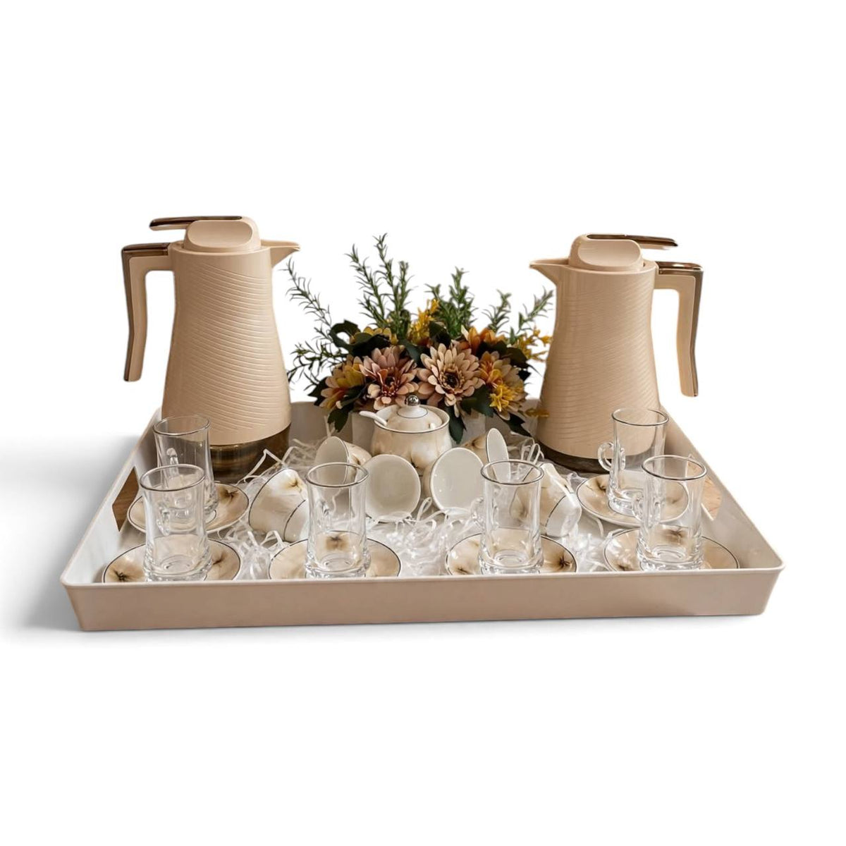 Modern Beige Wave Tea & Coffee Hospitality Set with Floral Porcelain, Sugar Pot, White Serving Tray & Autumn Centerpiece
