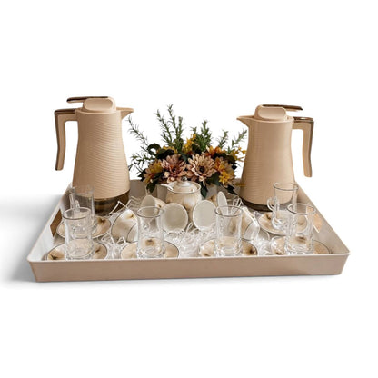 Modern Beige Wave Tea & Coffee Hospitality Set with Floral Porcelain, Sugar Pot, White Serving Tray & Autumn Centerpiece