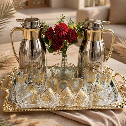 Royal Dual-Tone Chrome & Gold Tea and Coffee Hospitality Set with Gilded Palm Glassware, Baroque Tray & Crimson Bouquet