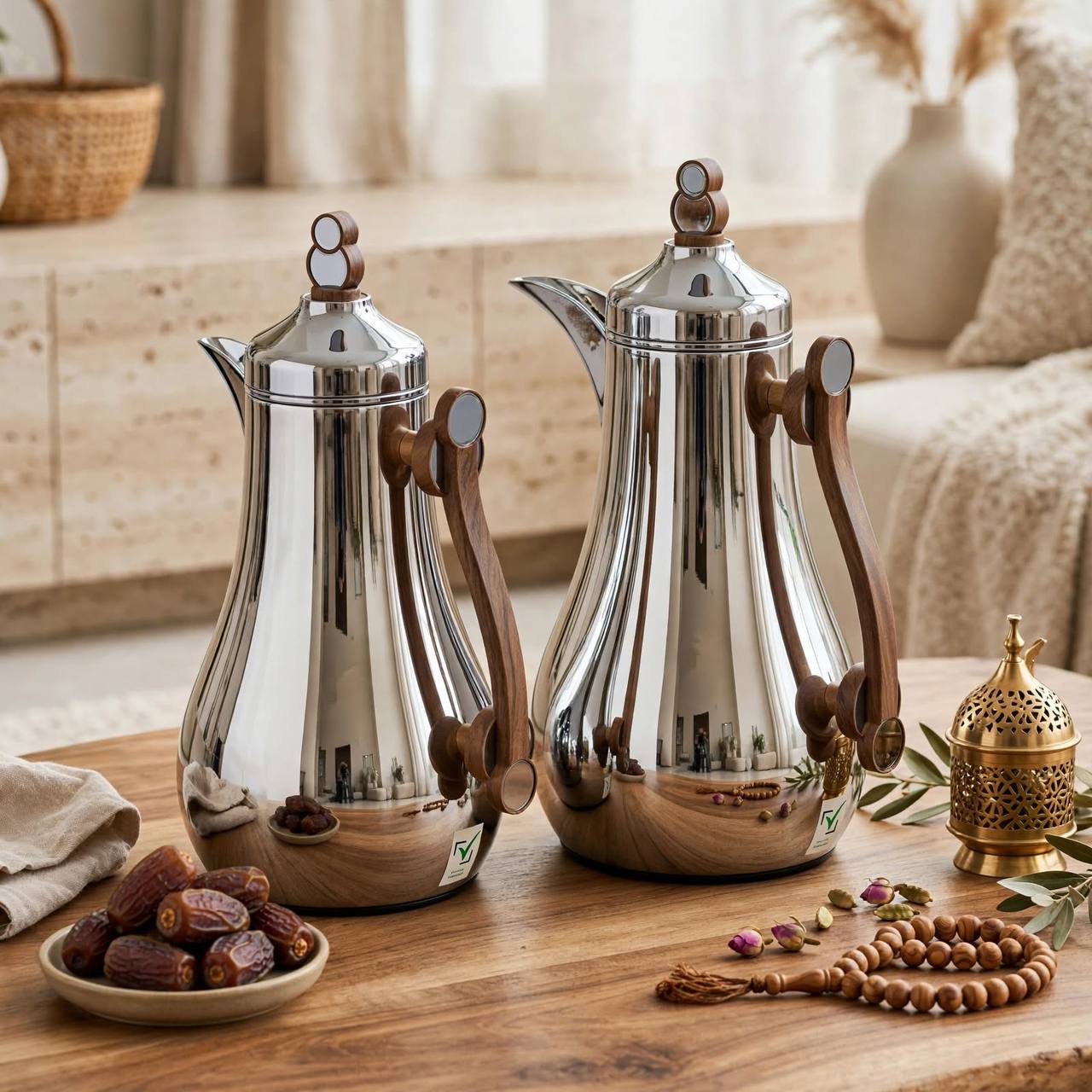 Modern Chrome & Walnut Wood 2-Piece Tea & Coffee Thermal Dallah Set – 1.0L & 1.0L