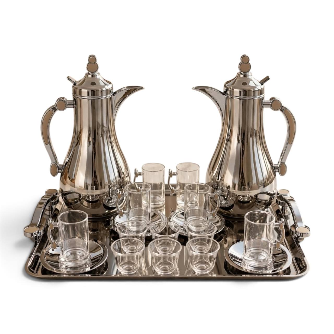 Mahra Chrome Mirror Tea & Coffee Hospitality Set – 1.0L & 1.0L Thermal Carafes with 6 Handled Tea Glasses, Silver Saucers, Cawa Cups & Mirrored Serving Tray