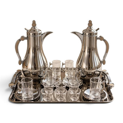 Mahra Chrome Mirror Tea & Coffee Hospitality Set – 1.0L & 1.0L Thermal Carafes with 6 Handled Tea Glasses, Silver Saucers, Cawa Cups & Mirrored Serving Tray