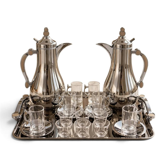 Mahra Chrome Mirror Tea & Coffee Hospitality Set – 1.0L & 1.0L Thermal Carafes with 6 Handled Tea Glasses, Silver Saucers, Cawa Cups & Mirrored Serving Tray