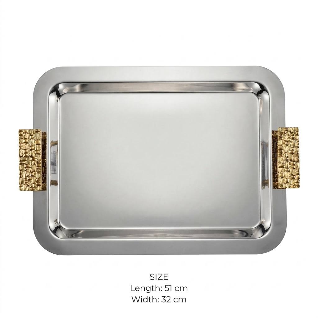 Modern Dual-Tone Stainless Steel Serving Platter with Textured Gold Handles – 51 × 32 cm