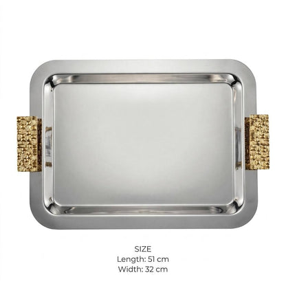 Modern Dual-Tone Stainless Steel Serving Platter with Textured Gold Handles – 51 × 32 cm
