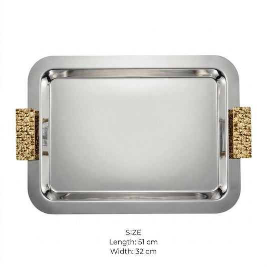 Modern Dual-Tone Stainless Steel Serving Platter with Textured Gold Handles – 51 × 32 cm