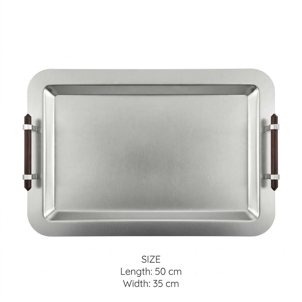 Modern Matte Brushed Silver Stainless Steel Serving Platter with Wooden Bar Handles – 50 × 35 cm