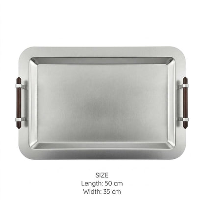 Modern Matte Brushed Silver Stainless Steel Serving Platter with Wooden Bar Handles – 50 × 35 cm