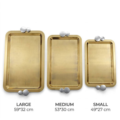 Royal Dual-Tone Gilded Stainless Steel 3-Piece Serving Tray Set with Modern Silver Disc Handles