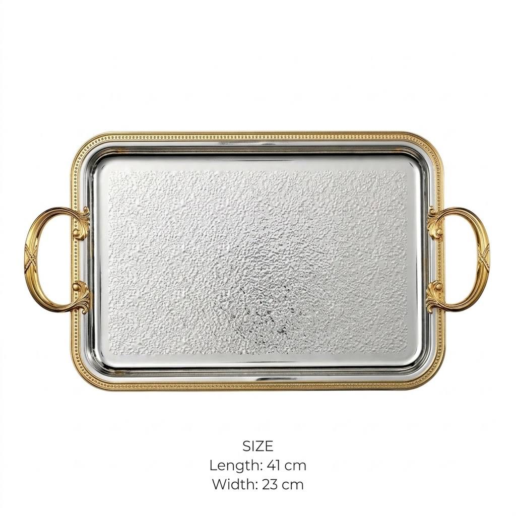 Royal Dual-Tone Stainless Steel Serving Platter with Hammered Base & Gilded Beaded Rim