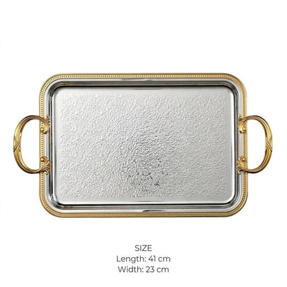 Royal Dual-Tone Stainless Steel Serving Platter with Hammered Base & Gilded Beaded Rim