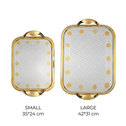 Royal Dual-Tone Stainless Steel 2-Piece Serving Tray Set with Honeycomb Pattern, Golden Floral Accents & Integrated Handles