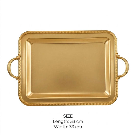 Royal Gilded Stainless Steel Serving Tray with Braided Rope Rim & Baroque Handles