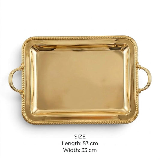 Royal Gilded Stainless Steel Serving Tray with Braided Rope Rim & Baroque Handles – 53 × 33 cm