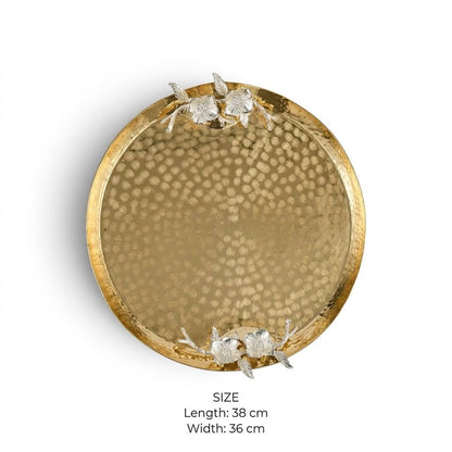 Turkish Gilded Round Serving Tray with Hammered Texture & Sculpted Silver Blossom Handles – 38 × 36 cm