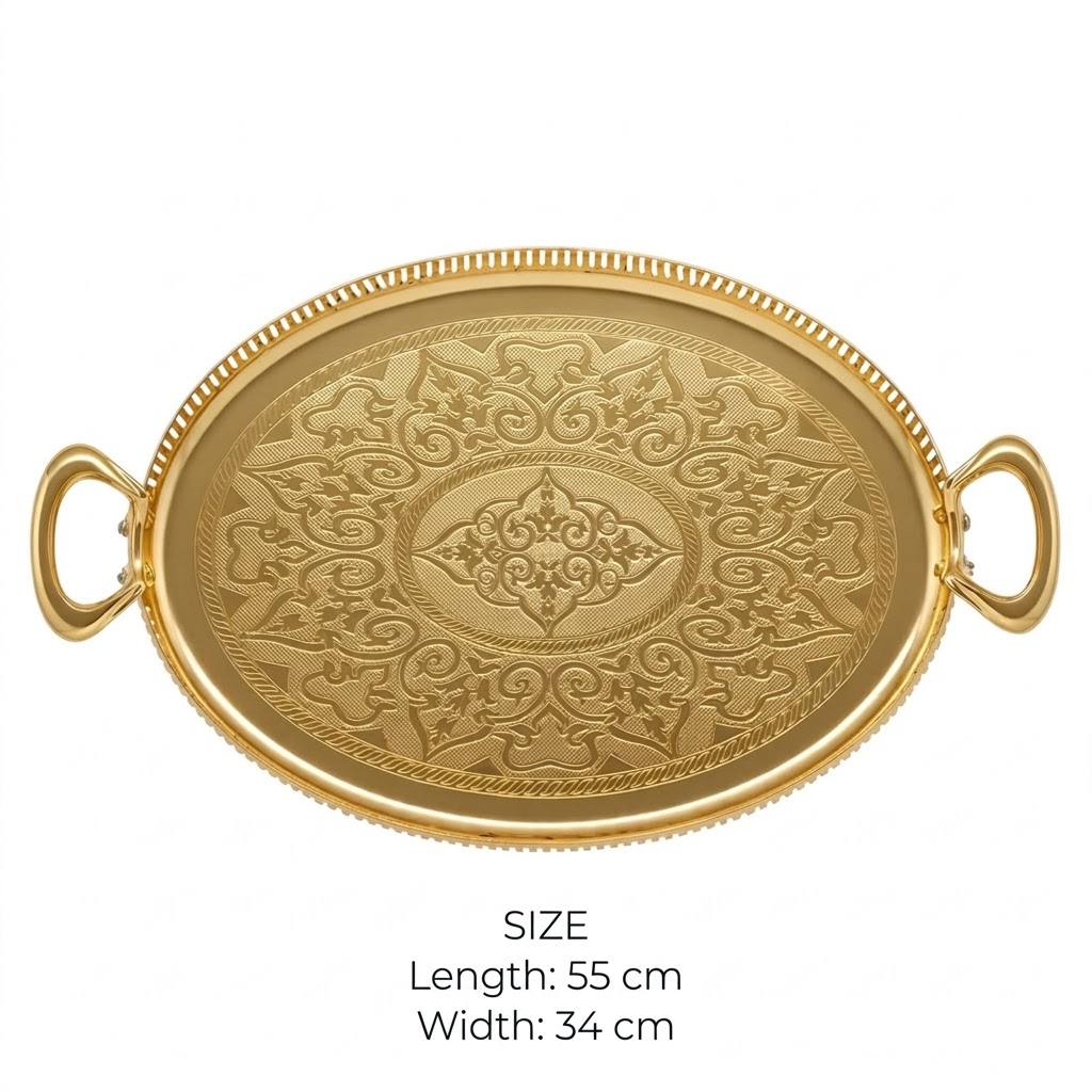 Royal Gilded Oval Serving Tray with Arabesque Laser Engraving & Pierced Gallery Rim – 55 × 34 cm