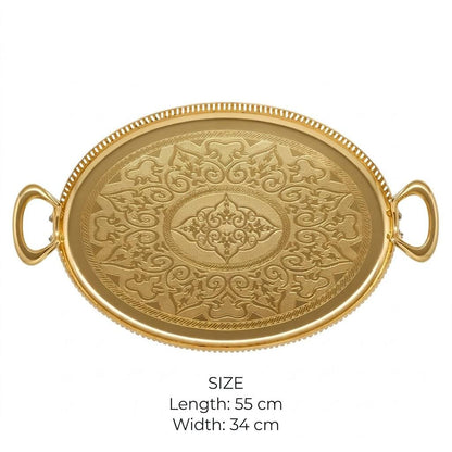 Royal Gilded Oval Serving Tray with Arabesque Laser Engraving & Pierced Gallery Rim – 55 × 34 cm