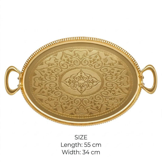 Royal Gilded Oval Serving Tray with Arabesque Laser Engraving & Pierced Gallery Rim – 55 × 34 cm