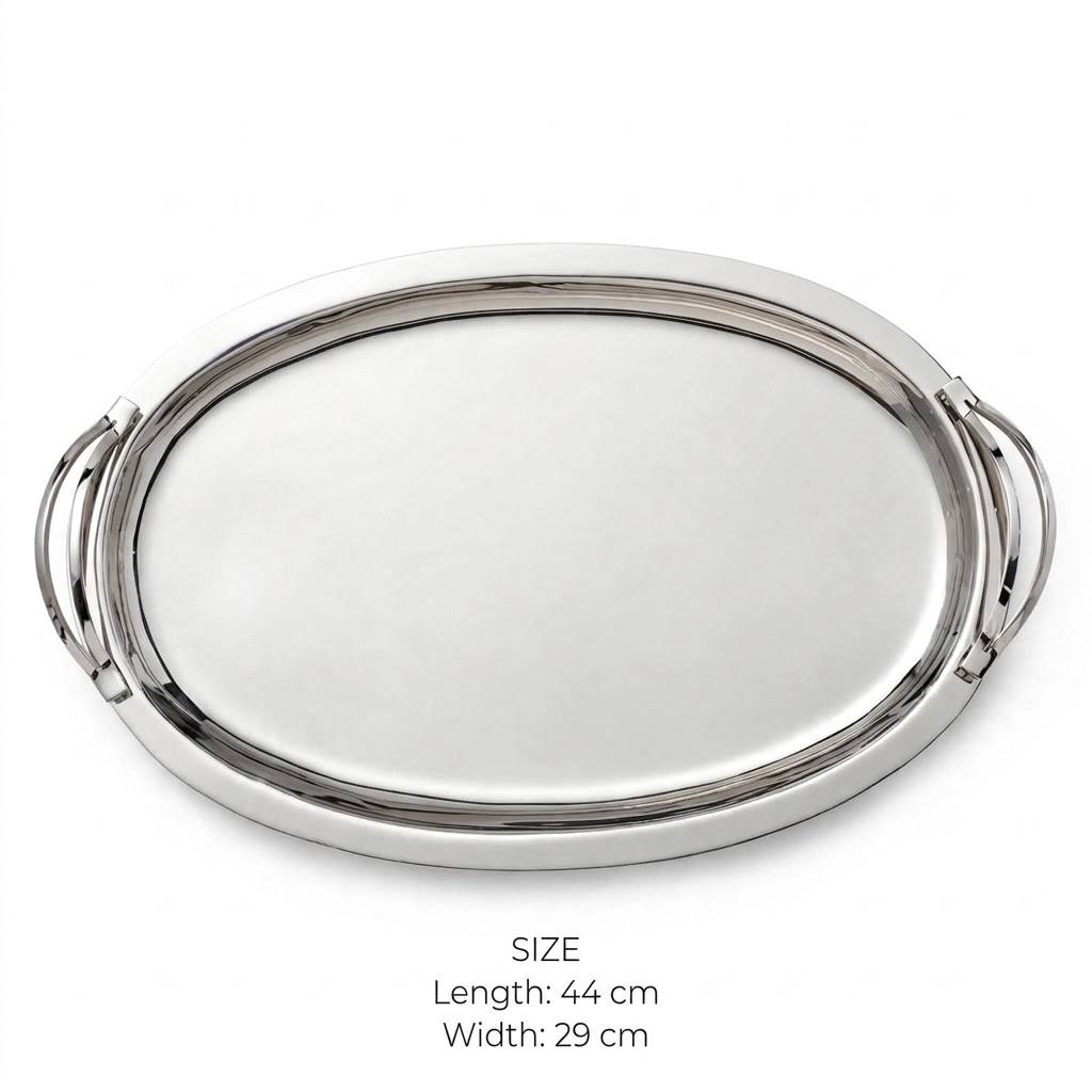 Modern Oval Mirror Chrome Stainless Steel Serving Platter with Dual-Arch Handles – 44 × 29 cm