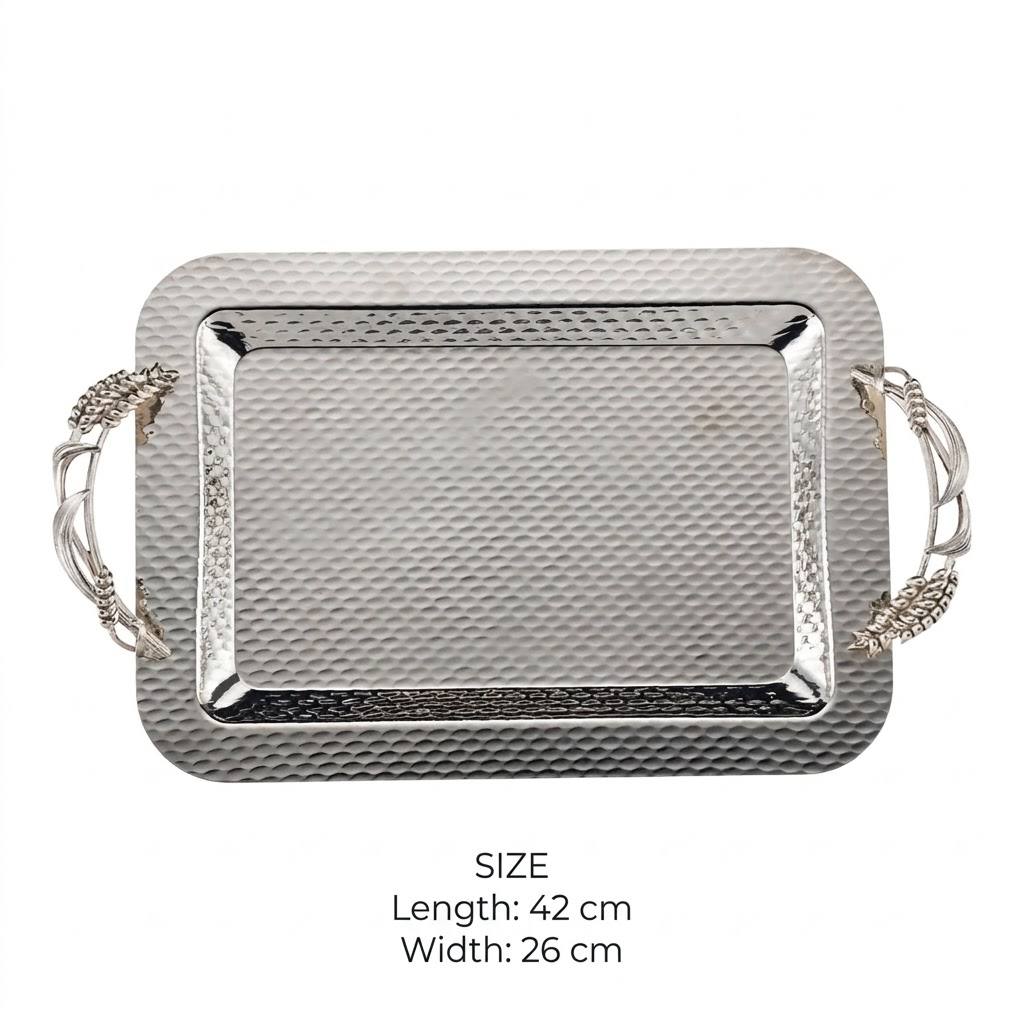Artisanal All-Silver Stainless Steel Serving Tray with Hammered Finish & Sculpted Wheat Sheaf Handles – 42 × 26 cm