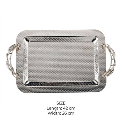 Artisanal All-Silver Stainless Steel Serving Tray with Hammered Finish & Sculpted Wheat Sheaf Handles – 42 × 26 cm