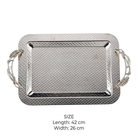 Artisanal All-Silver Stainless Steel Serving Tray with Hammered Finish & Sculpted Wheat Sheaf Handles – 42 × 26 cm