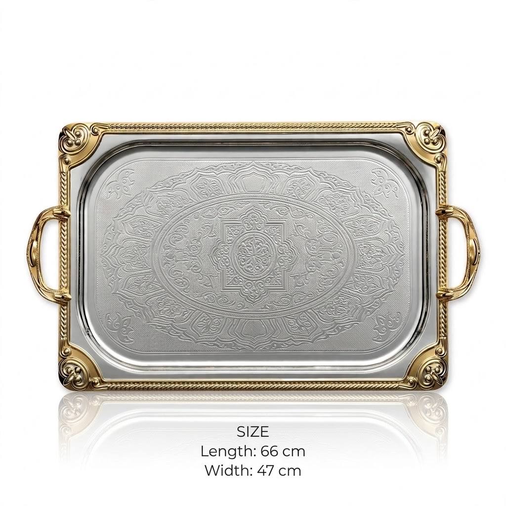 Grand Royal Dual-Tone Stainless Steel Serving Tray with Deep Arabesque Etching & Gilded Baroque Corners – 66 × 47 cm