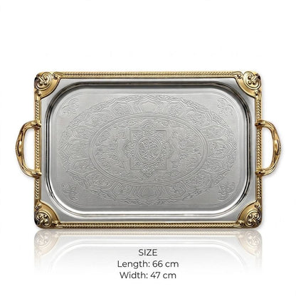 Grand Royal Dual-Tone Stainless Steel Serving Tray with Deep Arabesque Etching & Gilded Baroque Corners – 66 × 47 cm