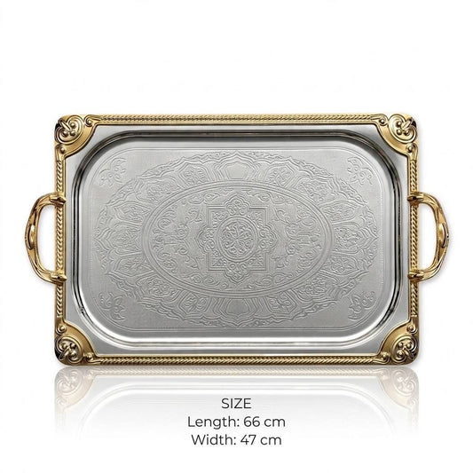 Grand Royal Dual-Tone Stainless Steel Serving Tray with Deep Arabesque Etching & Gilded Baroque Corners – 66 × 47 cm