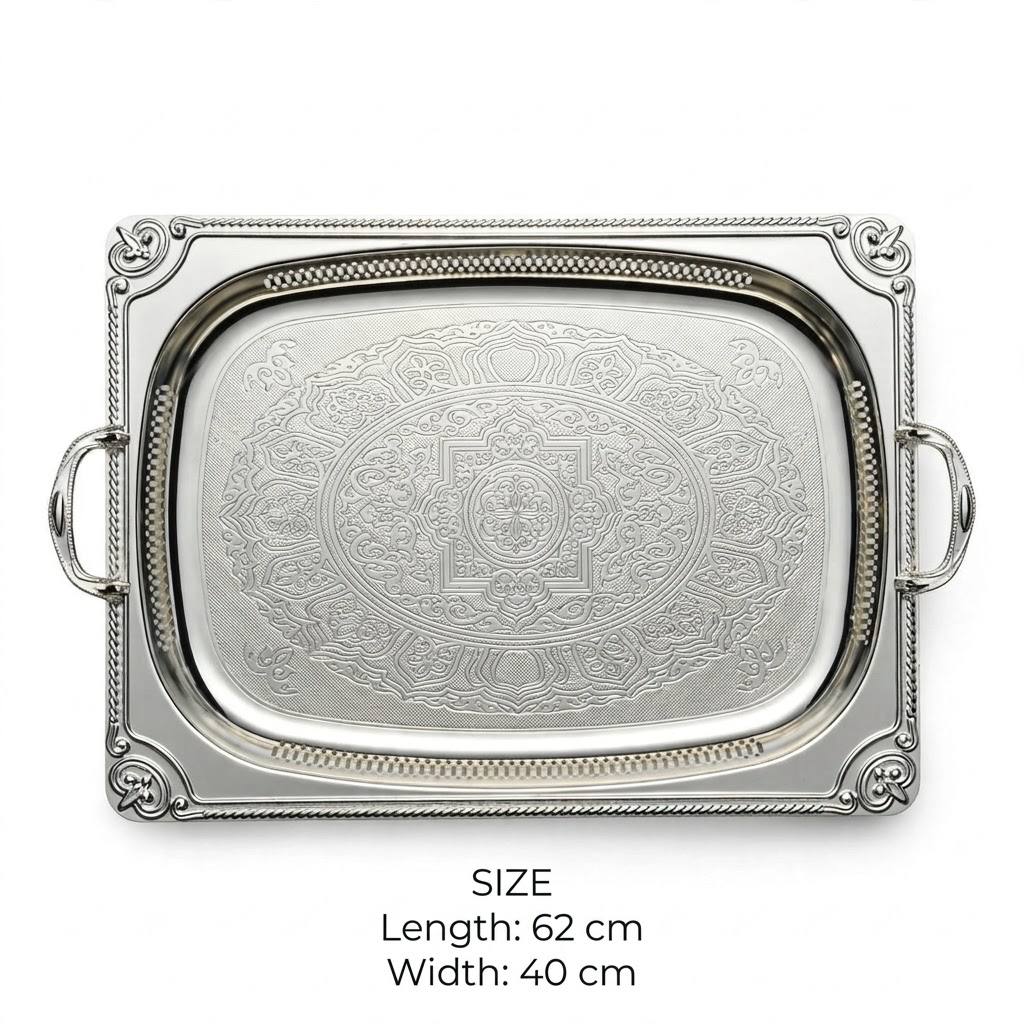 Grand All-Silver Baroque Stainless Steel Serving Platter with Arabesque Etching & Pierced Gallery Rim – 62 × 40 cm